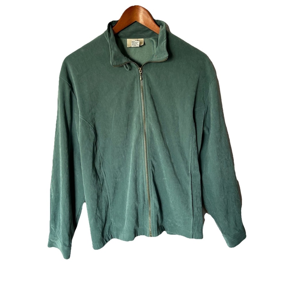 Women's Vintage Teddi Green Suede Jacket Collared Full Zip Size L 80s 90s Preppy